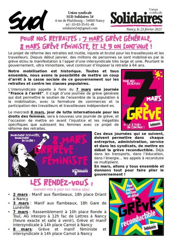 POUR NOS RETRAITES : 7 MARS GRÈVE GÉNÉRALE, 8 MARS GRÈVE FÉMINISTE, ET LE 9 ON CONTINUE !